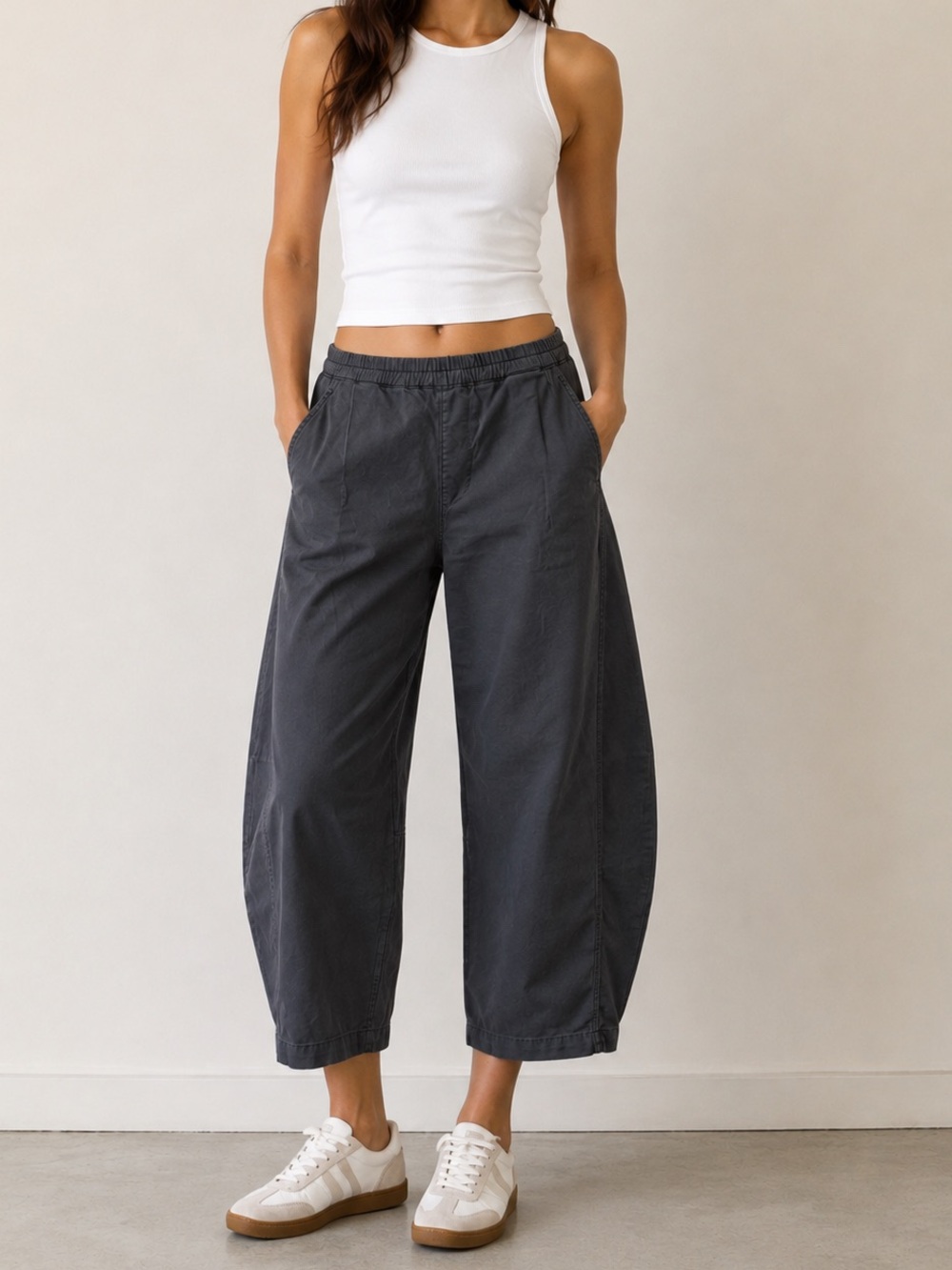 Pilcro Izzie Relaxed Pull On Barrel Pants Medium Gray High Rise Cotton Twill